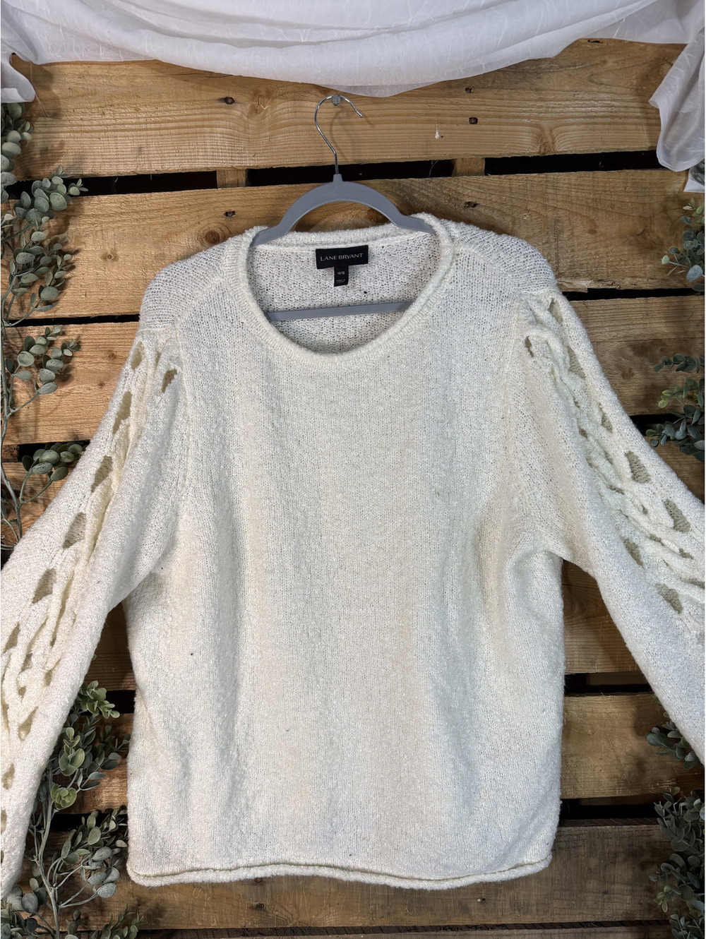 Lane Bryant Cream Knit Sweater with Openwork Sleeves Size 14/16